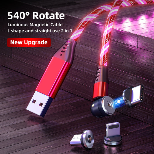360° Rotate LED Magnetic Cable, 3A Fast Charging for iPhone, Type C & Micro USB