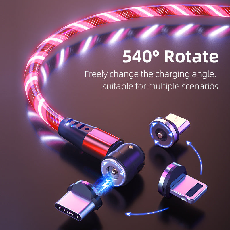360° Rotate LED Magnetic Cable, 3A Fast Charging for iPhone, Type C & Micro USB
