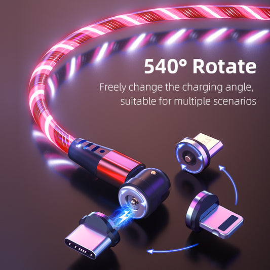 360° Rotate LED Magnetic Cable, 3A Fast Charging for iPhone, Type C & Micro USB
