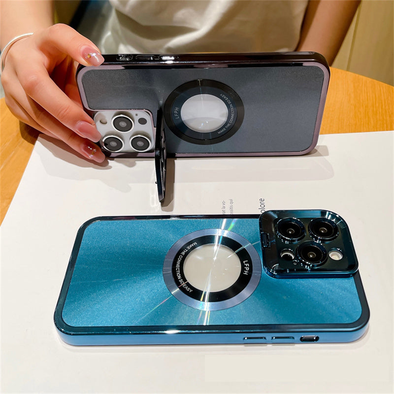 Luxury Electroplated Phone Case with CD Pattern, MagSafe & Camera Stand for iPhone 12/13/14 Pro Max