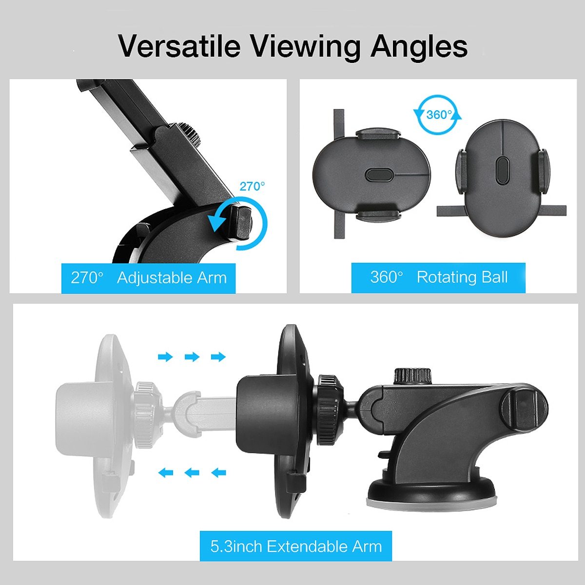 Telescopic Car Phone Holder with Long Arm & Dashboard Suction Mount