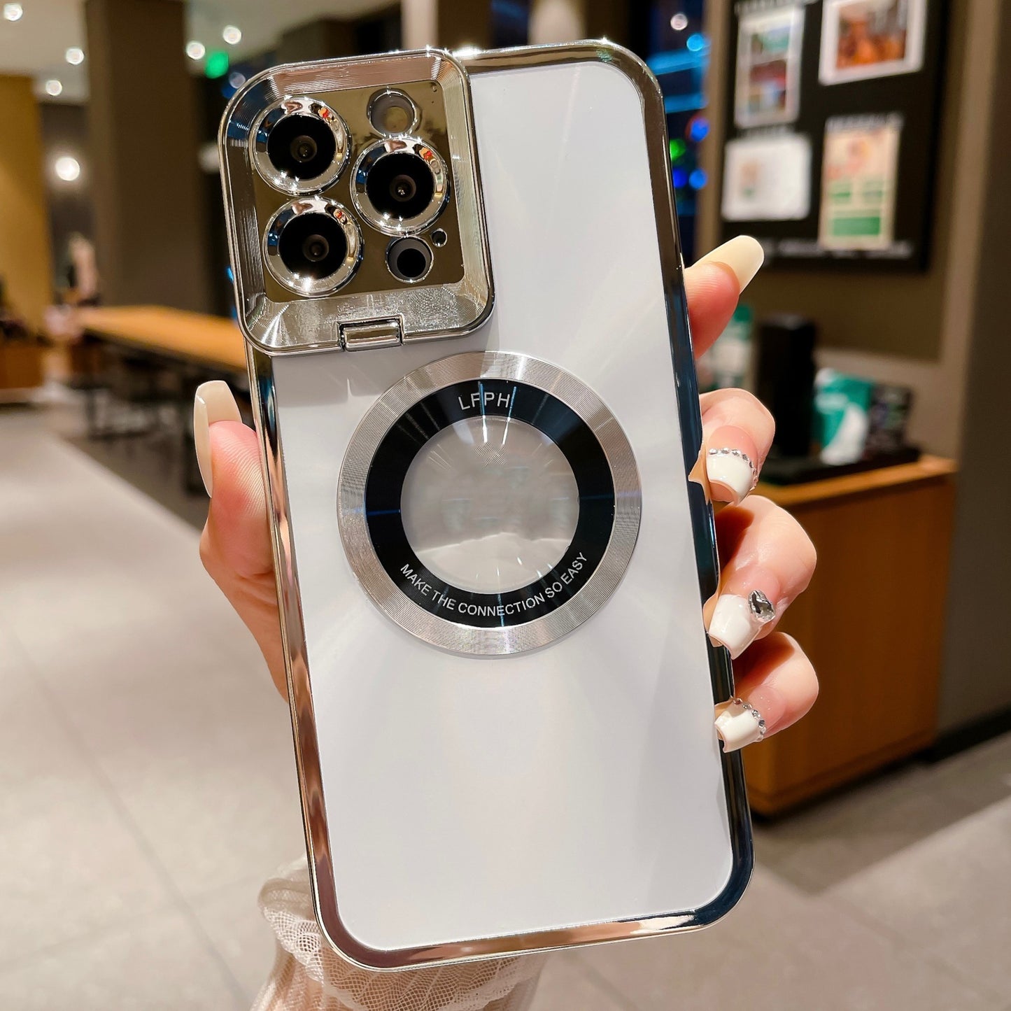 Luxury Electroplated Phone Case with CD Pattern, MagSafe & Camera Stand for iPhone 12/13/14 Pro Max