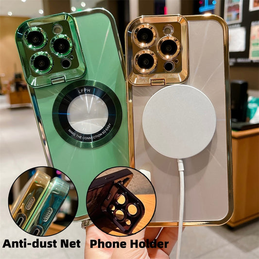 Luxury Electroplated Phone Case with CD Pattern, MagSafe & Camera Stand for iPhone 12/13/14 Pro Max