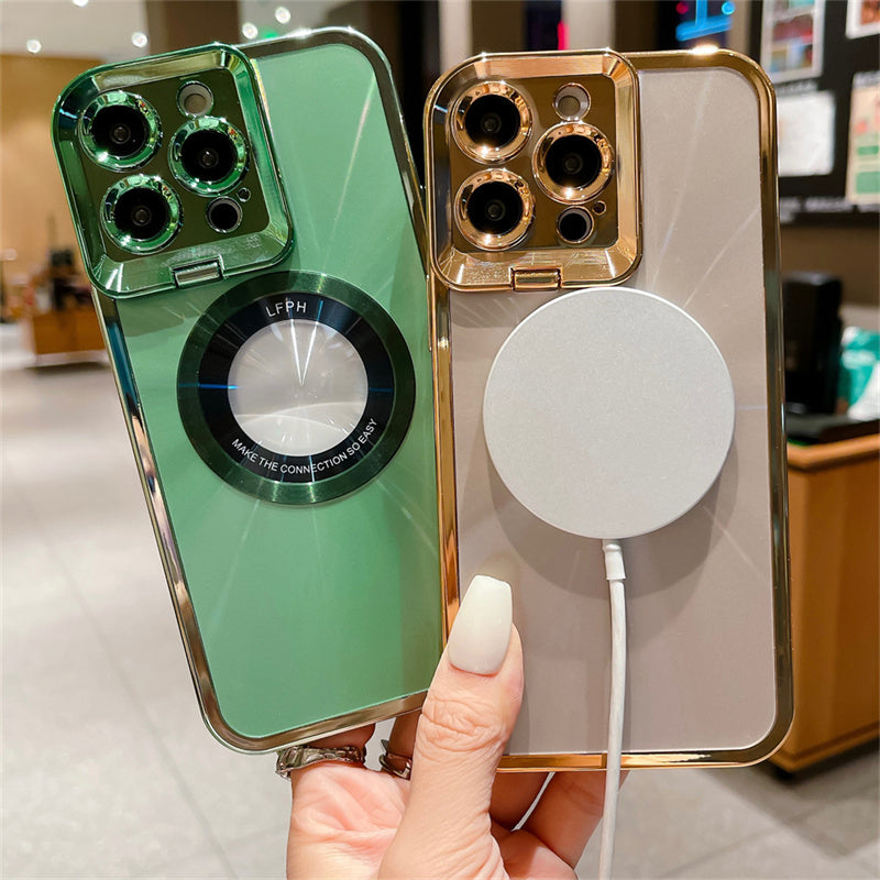 Luxury Electroplated Phone Case with CD Pattern, MagSafe & Camera Stand for iPhone 12/13/14 Pro Max