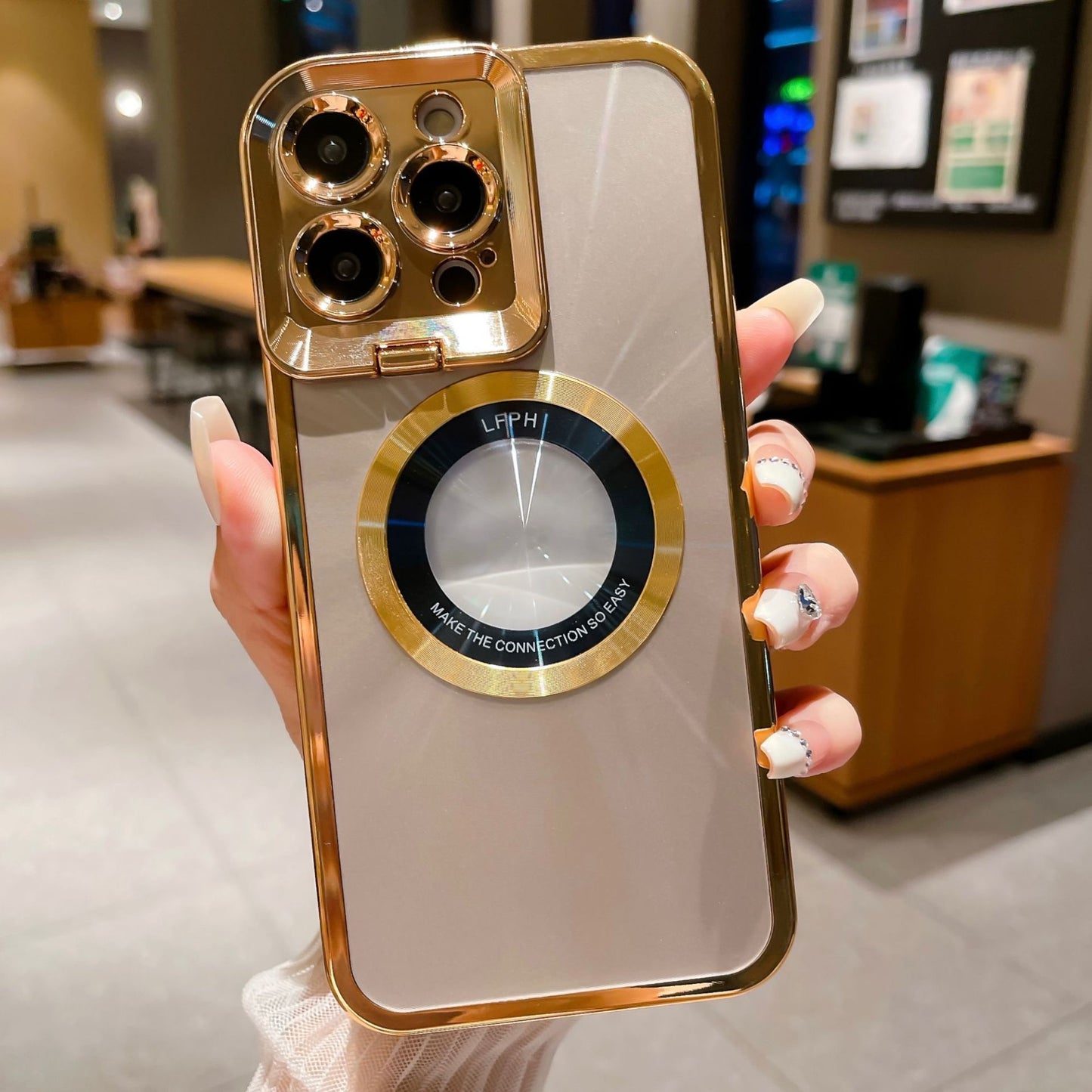 Luxury Electroplated Phone Case with CD Pattern, MagSafe & Camera Stand for iPhone 12/13/14 Pro Max
