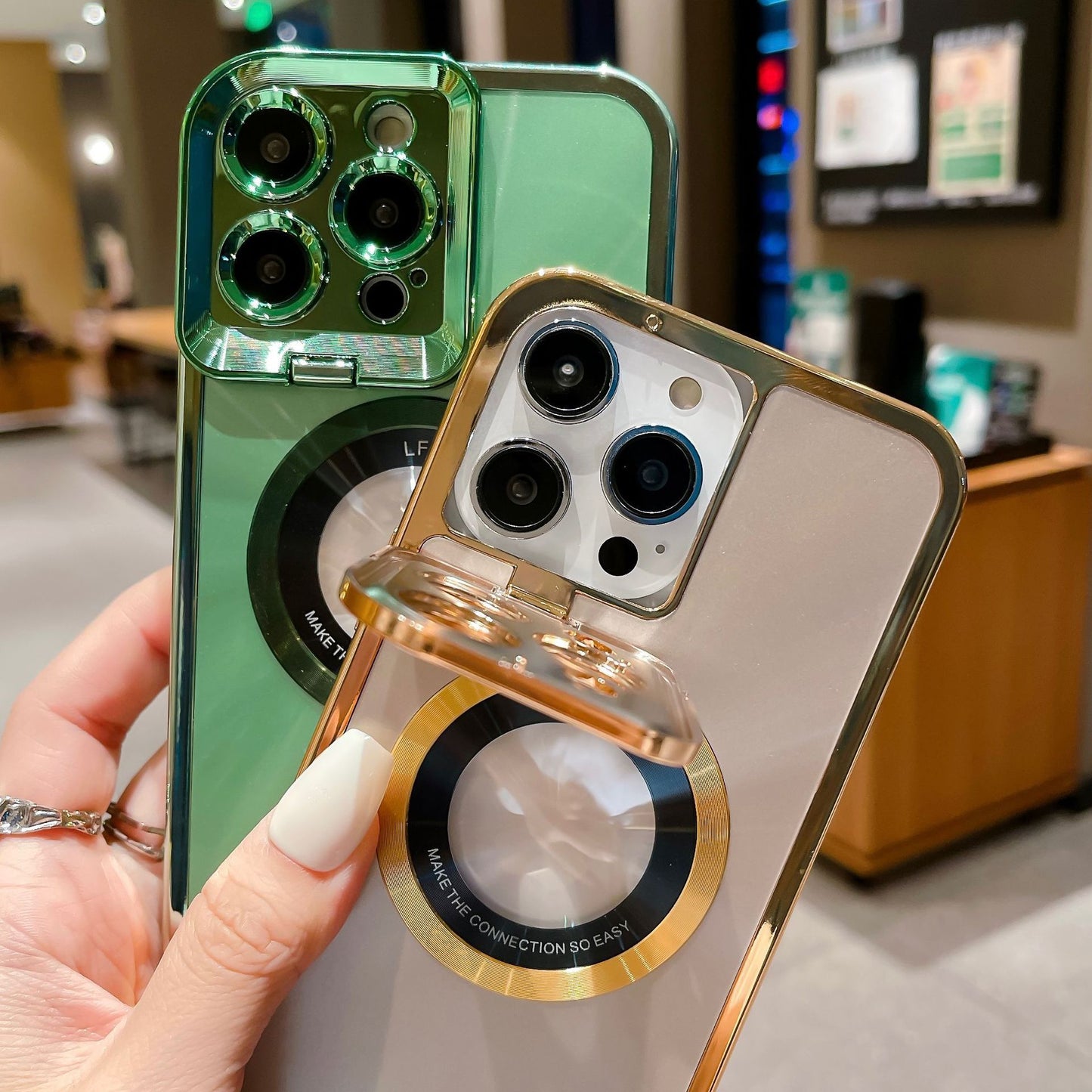 Luxury Electroplated Phone Case with CD Pattern, MagSafe & Camera Stand for iPhone 12/13/14 Pro Max